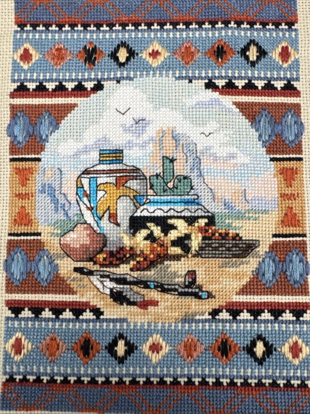 Vintage Southwestern Mountain Cactus Pottery Needlepoint Unframed Wall Art Boho